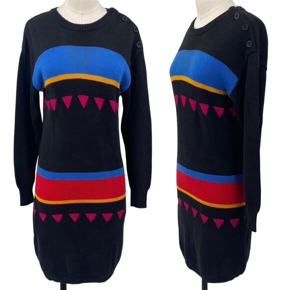 Vintage 80s Liz Claiborne Sweater Dress Mini Cotton Colorblock Black Blue Pink S - Picture 1 of 11